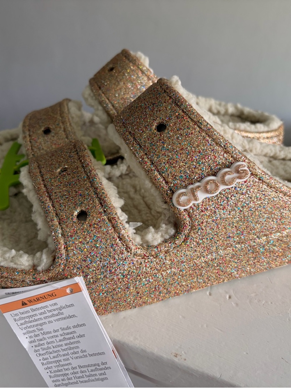 CROCS Glittery gold Multicolor Slingback Clog with Cream Sherpa